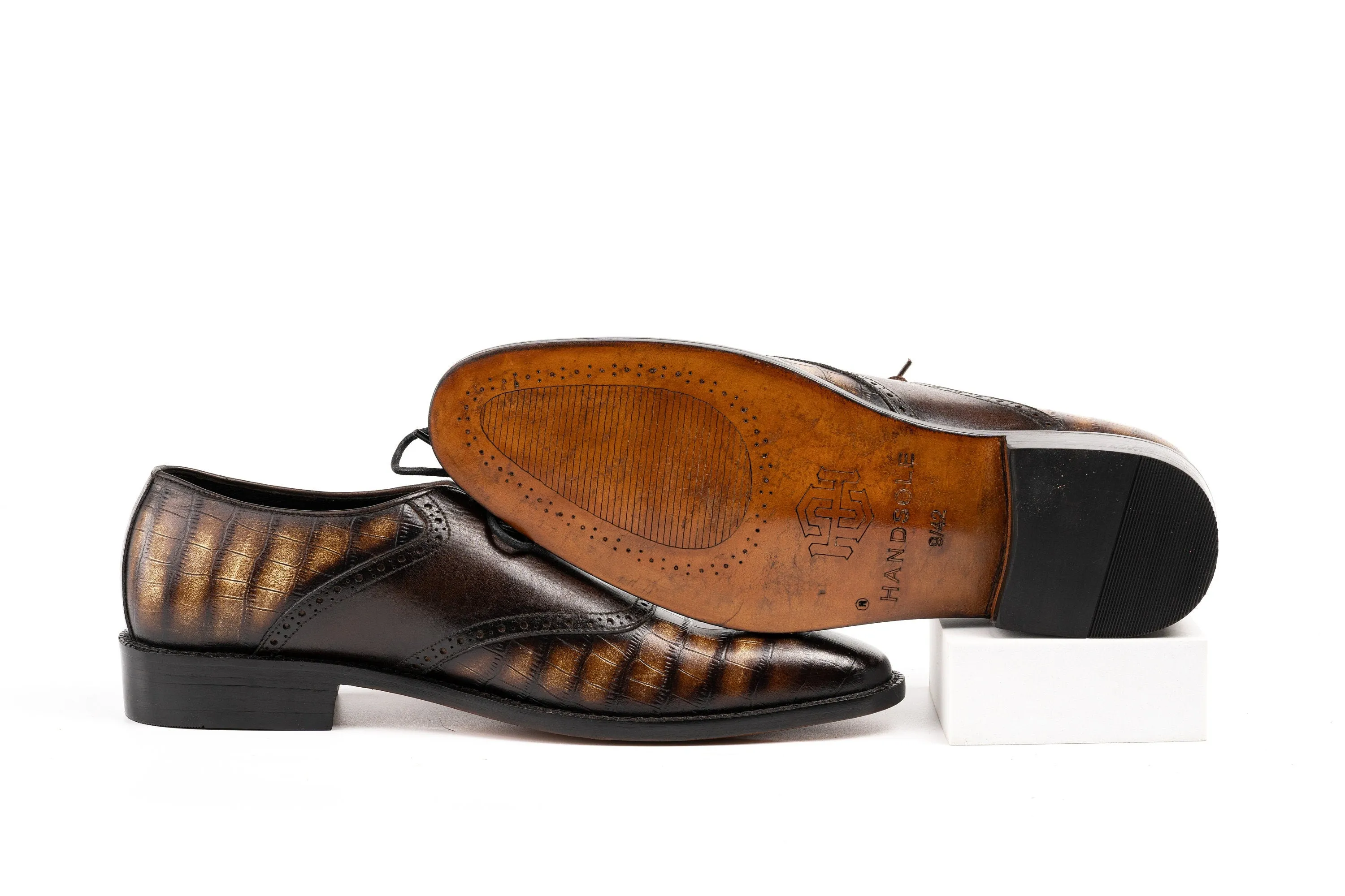 Brown Shaded Hand Dyed Patina Crocodile Leather Derby Shoes