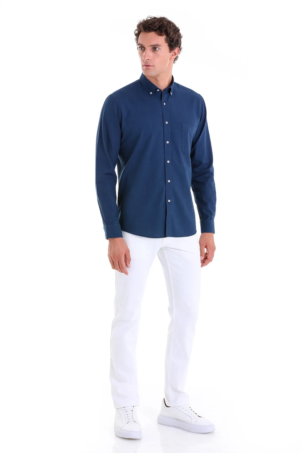 Comfort Fit Long Sleeve Oxford Cotton Navy Casual Shirt