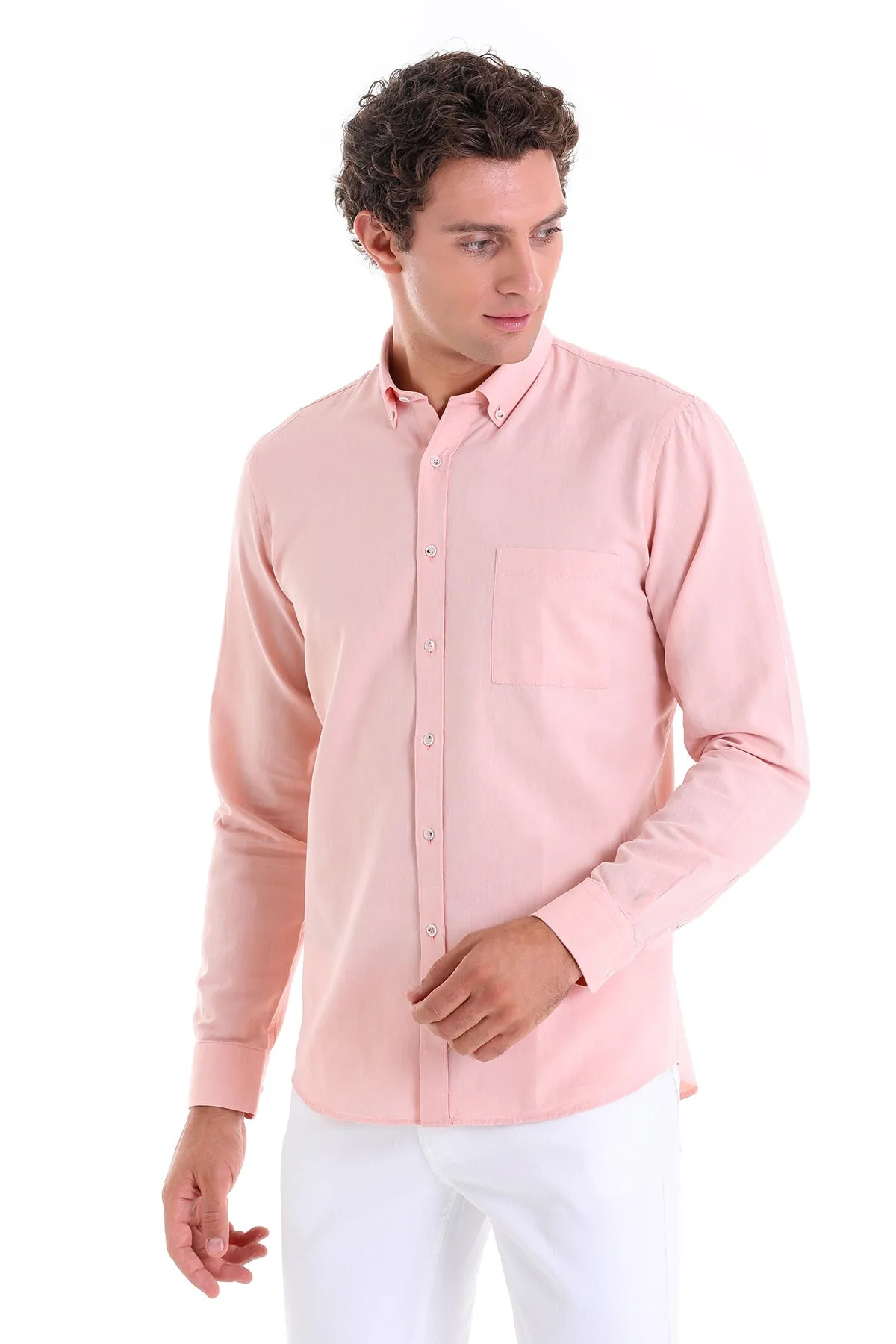 Comfort Fit Long Sleeve Oxford Cotton Orange Casual Shirt