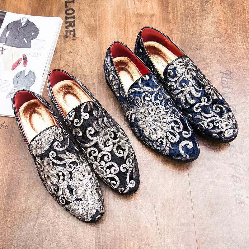 Floral Sequins Men Royal Style Loafers Shoes