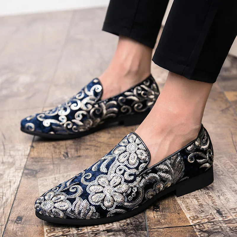 Floral Sequins Men Royal Style Loafers Shoes