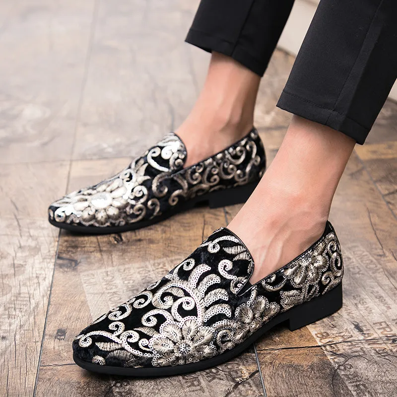 Floral Sequins Men Royal Style Loafers Shoes