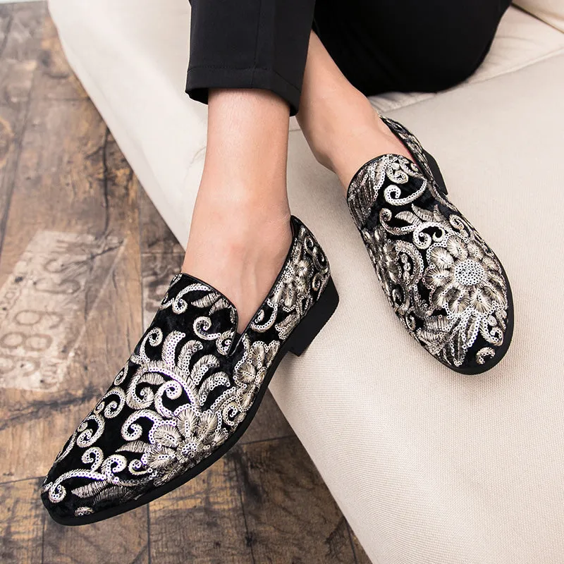 Floral Sequins Men Royal Style Loafers Shoes