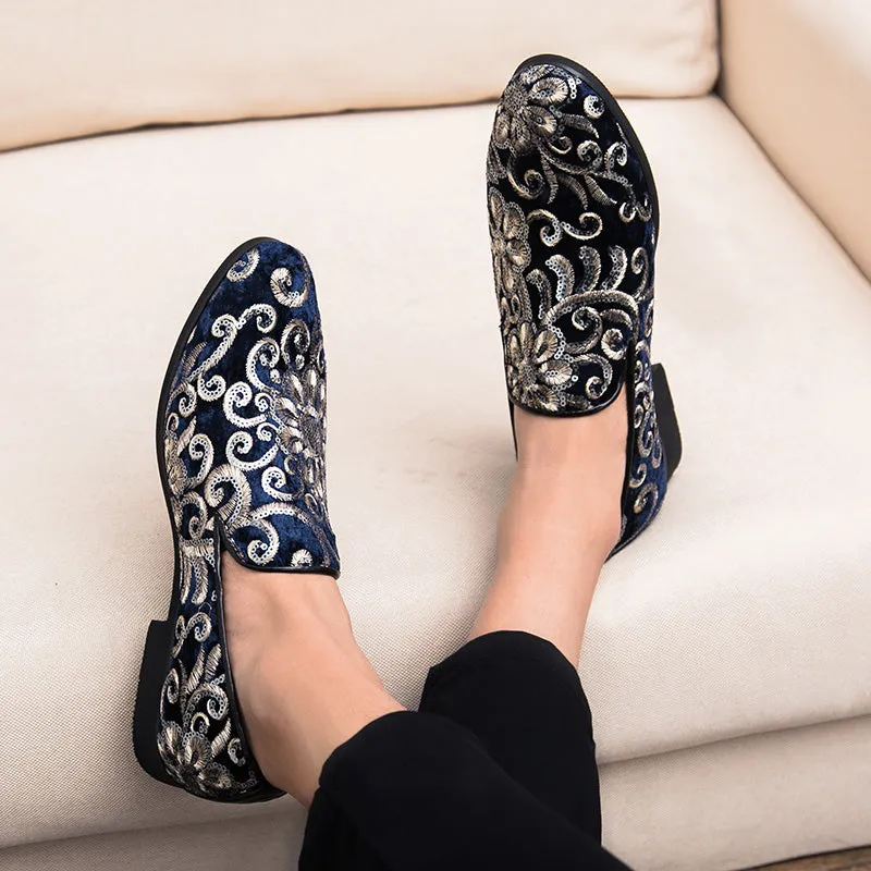 Floral Sequins Men Royal Style Loafers Shoes