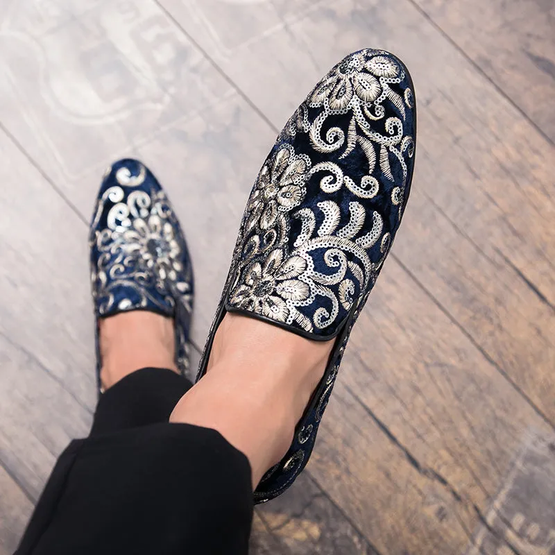 Floral Sequins Men Royal Style Loafers Shoes