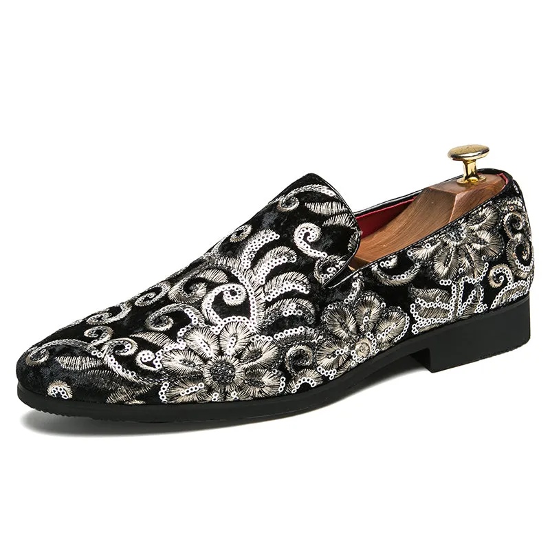 Floral Sequins Men Royal Style Loafers Shoes