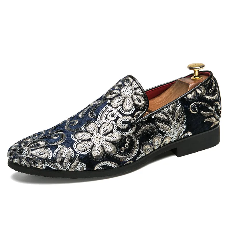 Floral Sequins Men Royal Style Loafers Shoes