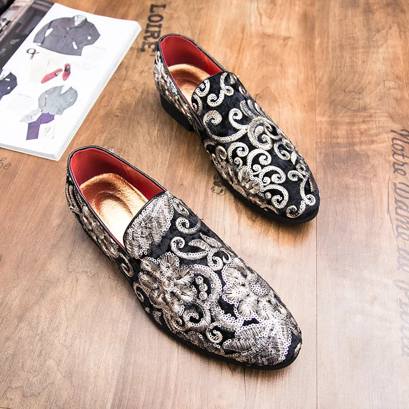 Floral Sequins Men Royal Style Loafers Shoes