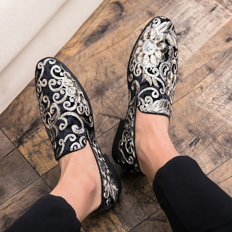 Floral Sequins Men Royal Style Loafers Shoes