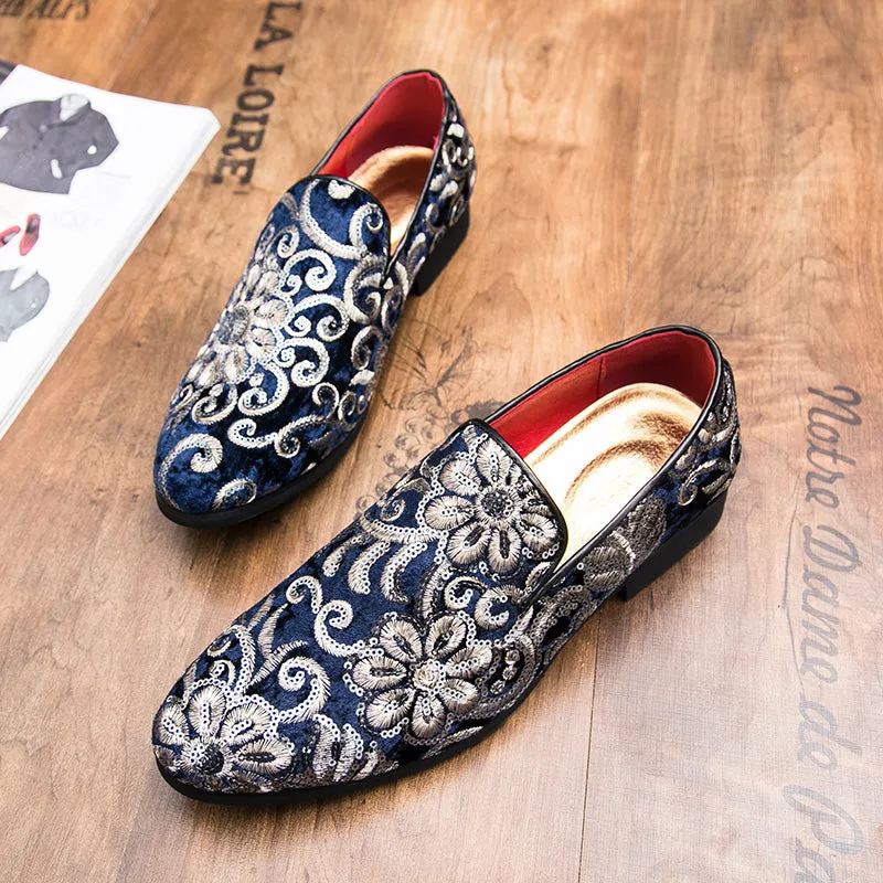 Floral Sequins Men Royal Style Loafers Shoes