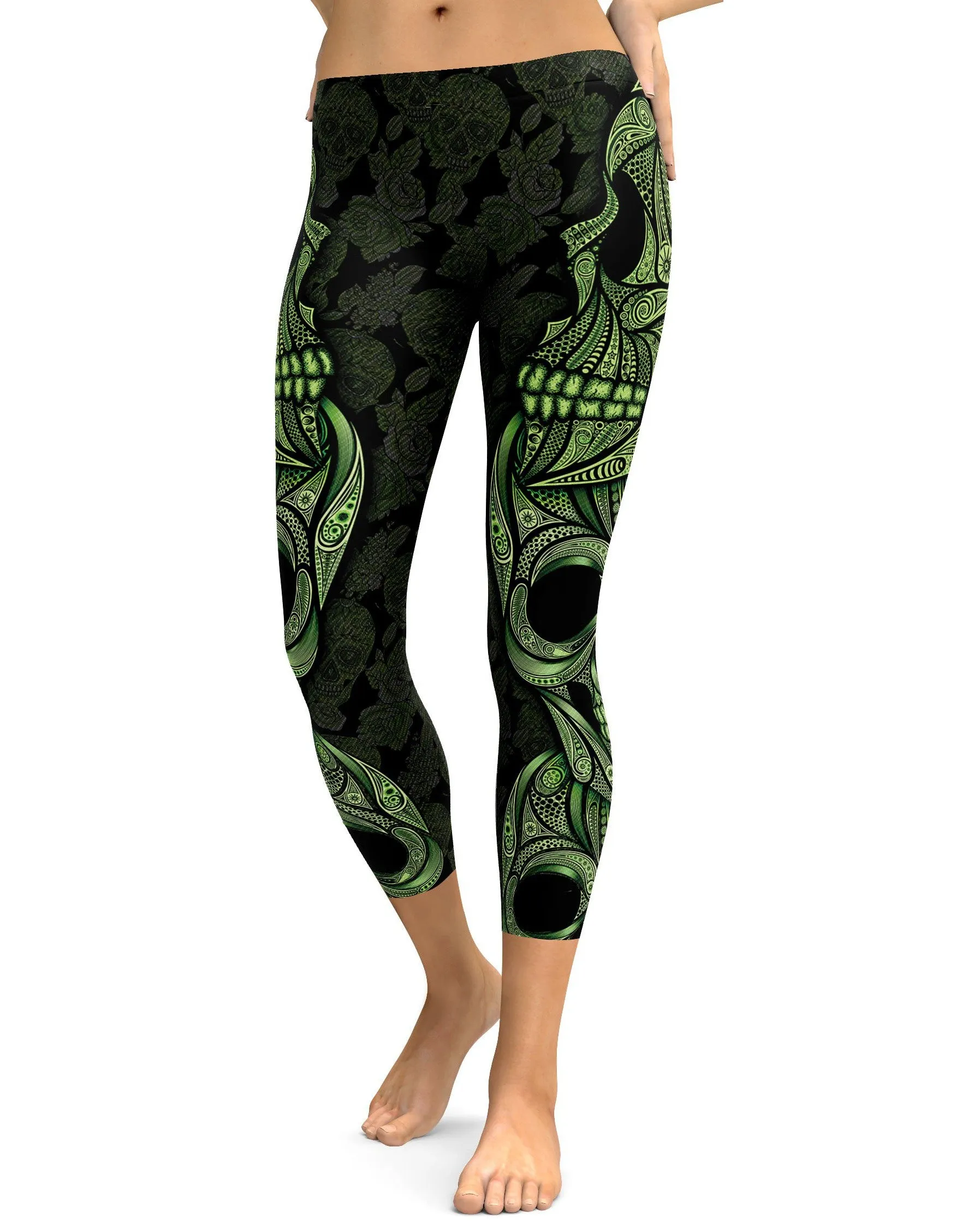 Green Ornamental Skull Capris