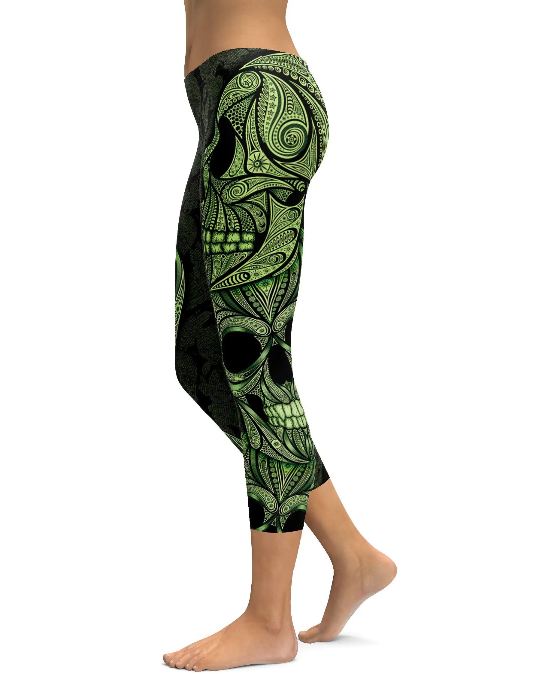 Green Ornamental Skull Capris