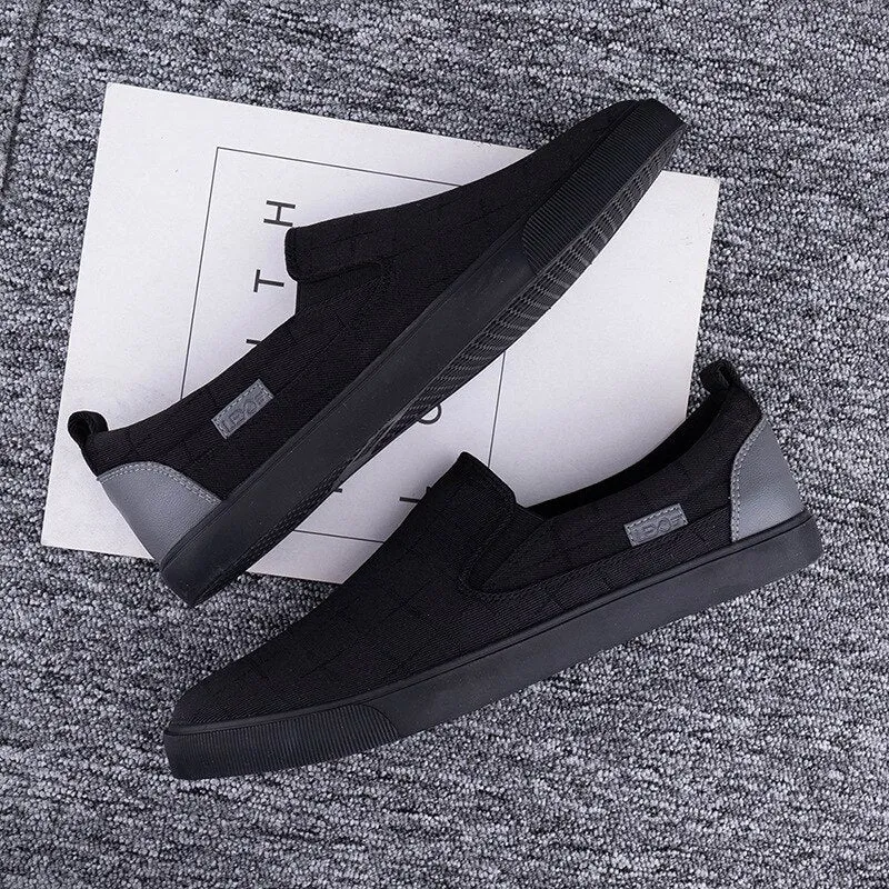 Hnzxzm New Fashion Loafers Men Flat Canvas Shoes Brand Mens Casual Shoes Cool Young Man Slip-on Cloth Shoes All Black Gray A4767