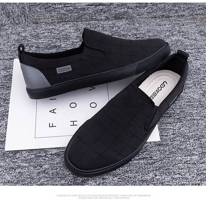 Hnzxzm New Fashion Loafers Men Flat Canvas Shoes Brand Mens Casual Shoes Cool Young Man Slip-on Cloth Shoes All Black Gray A4767