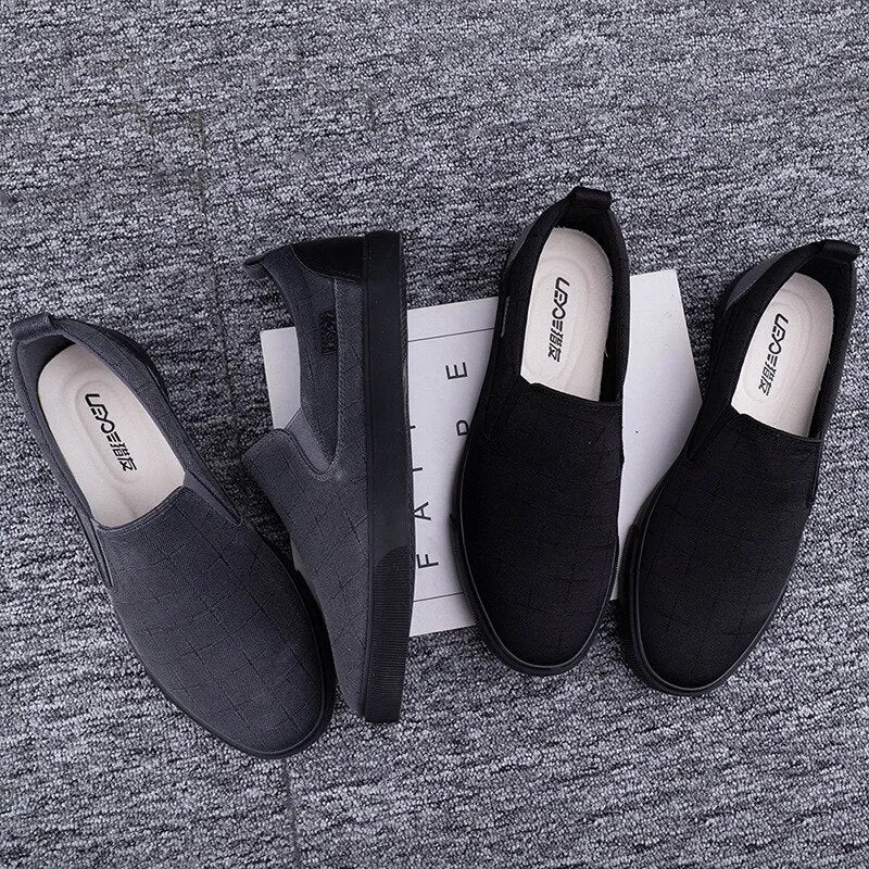 Hnzxzm New Fashion Loafers Men Flat Canvas Shoes Brand Mens Casual Shoes Cool Young Man Slip-on Cloth Shoes All Black Gray A4767