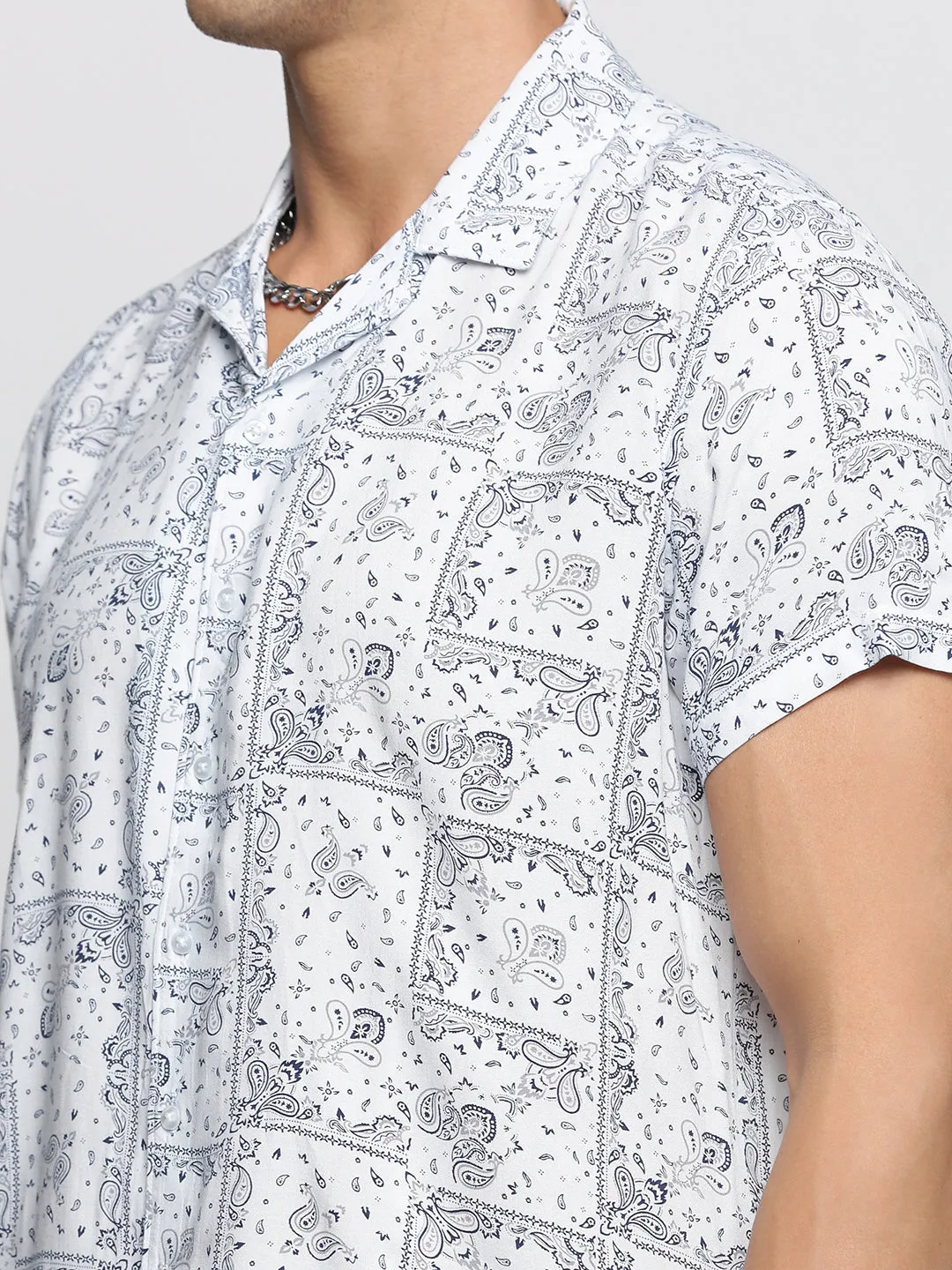 Men White Cuban Collar Printed Over Sized Co-ords Set