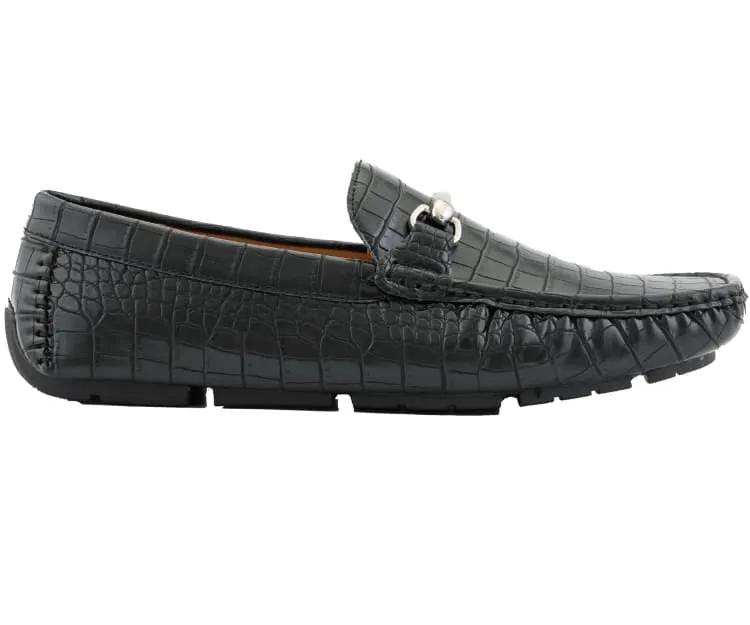 Men's Black Leather Luxury style Loafer Sliver Buckle Croc Design Leather