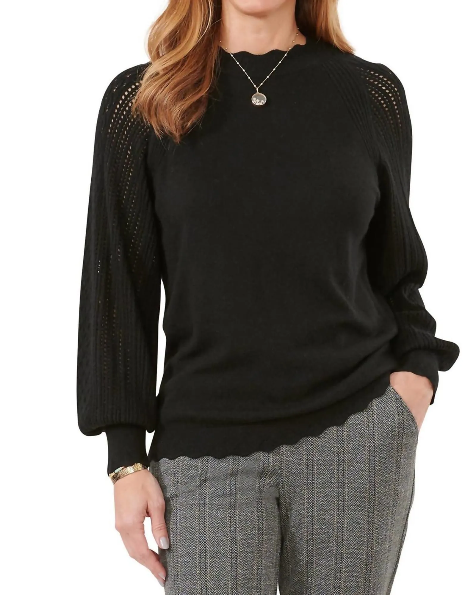 Round Neck Pointelle Mix Sweater in Black | Black