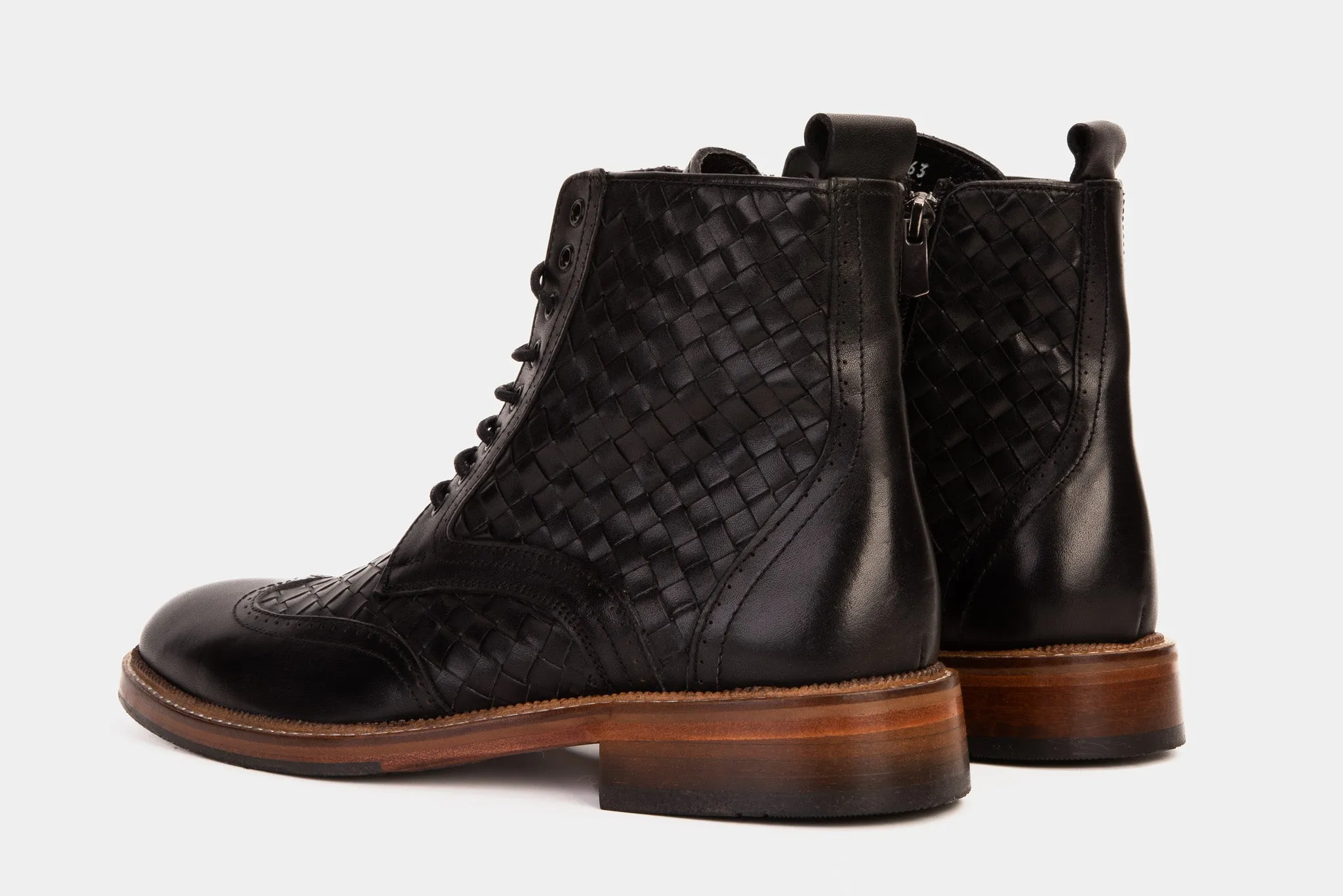 The Loddon Black Leather Wingtip Brogue Handwoven Lace-Up Men Boot with a Zipper