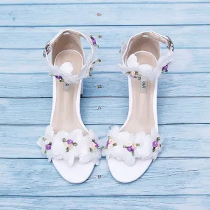 xiangtuibao Sweet Open Toe Women's Sandals with One Line Buckle Hollow White Chiffon Flowers Adult Gift Fairy Women's Shoes Bridesmaid Shoes