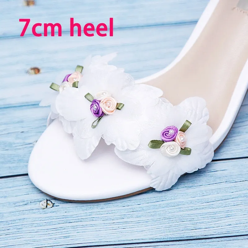 xiangtuibao Sweet Open Toe Women's Sandals with One Line Buckle Hollow White Chiffon Flowers Adult Gift Fairy Women's Shoes Bridesmaid Shoes